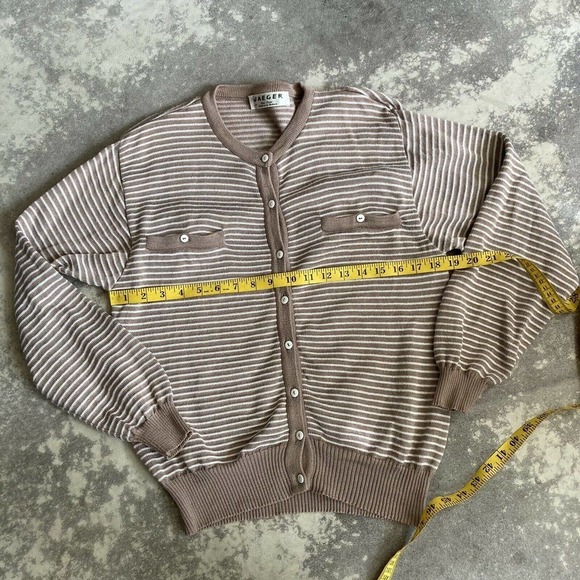 Jaeger Vintage Striped Ivory cream button up cardigan sweater‎ Size Medium - Picture 5 of 11
